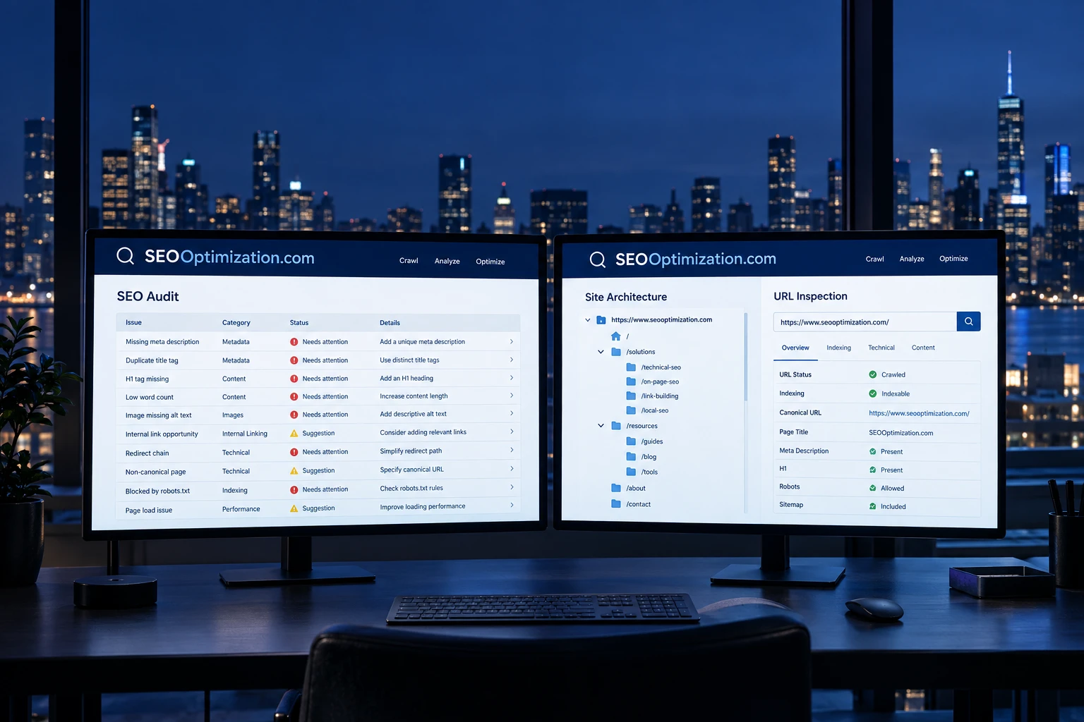 Two monitors illustrating an SEO audit and website architecture at SEOOptimization.com